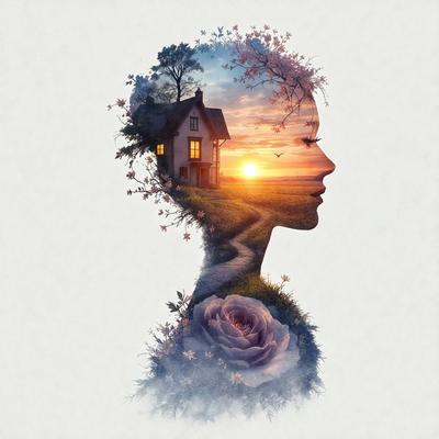 Primary subject: A woman's head with a house in the background.

Setting/background: The woman's head is surrounded by flowers, and there is a house in the background.

Visual style: The image is a digital art or illustration.

Colors and mood: The image has a warm and serene atmosphere, with the woman's head and the flowers in the foreground, and the house in the background.